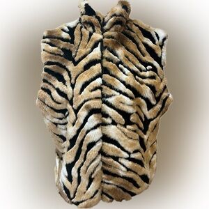 Vintage Cejoni Faux Fur Tiger Print Vest – 80s/90s Zip Front Size M